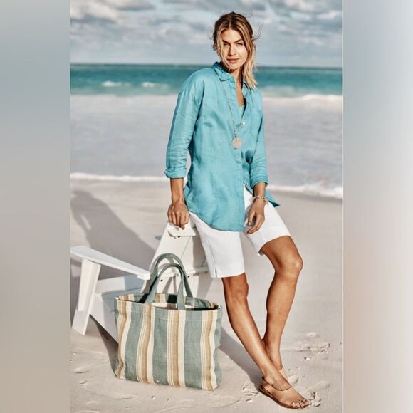 J. Jill Love Linen Button Up Tunic Shirt Turquoise Blue 100% Linen Size L - Picture 1 of 14